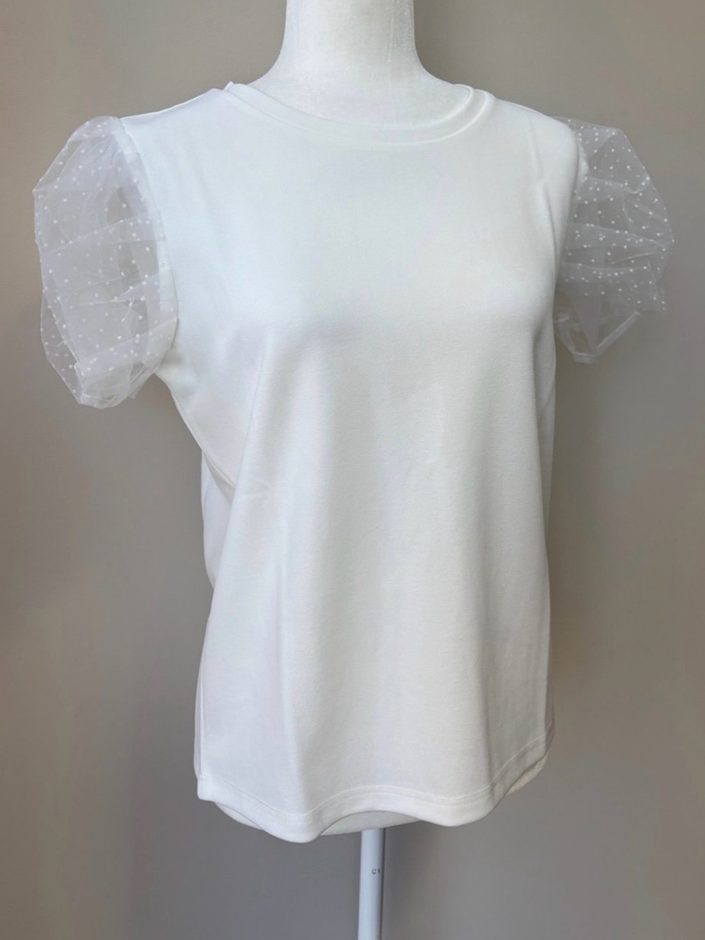 Gracia White Puff-Sleeve Dot Mesh Top- Nordstrom Top